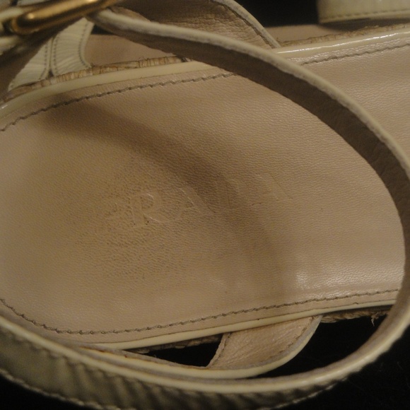Prada Ankle Strap Low Wedge Beige Sandals 38.5 - Picture 3 of 6